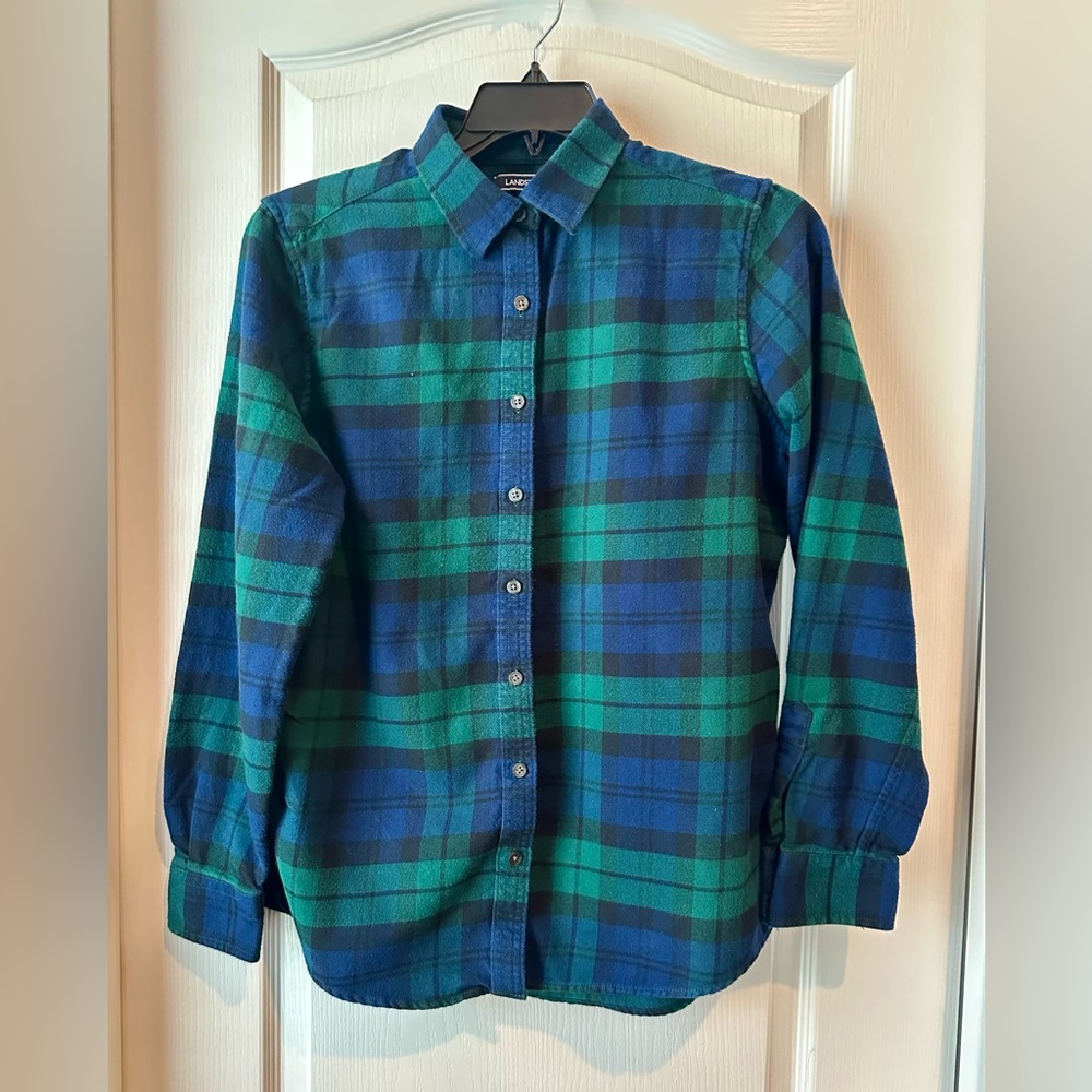Lands' End Kids Flannel Boys Shirt size 12 Green Blue Blackwatch Plaid